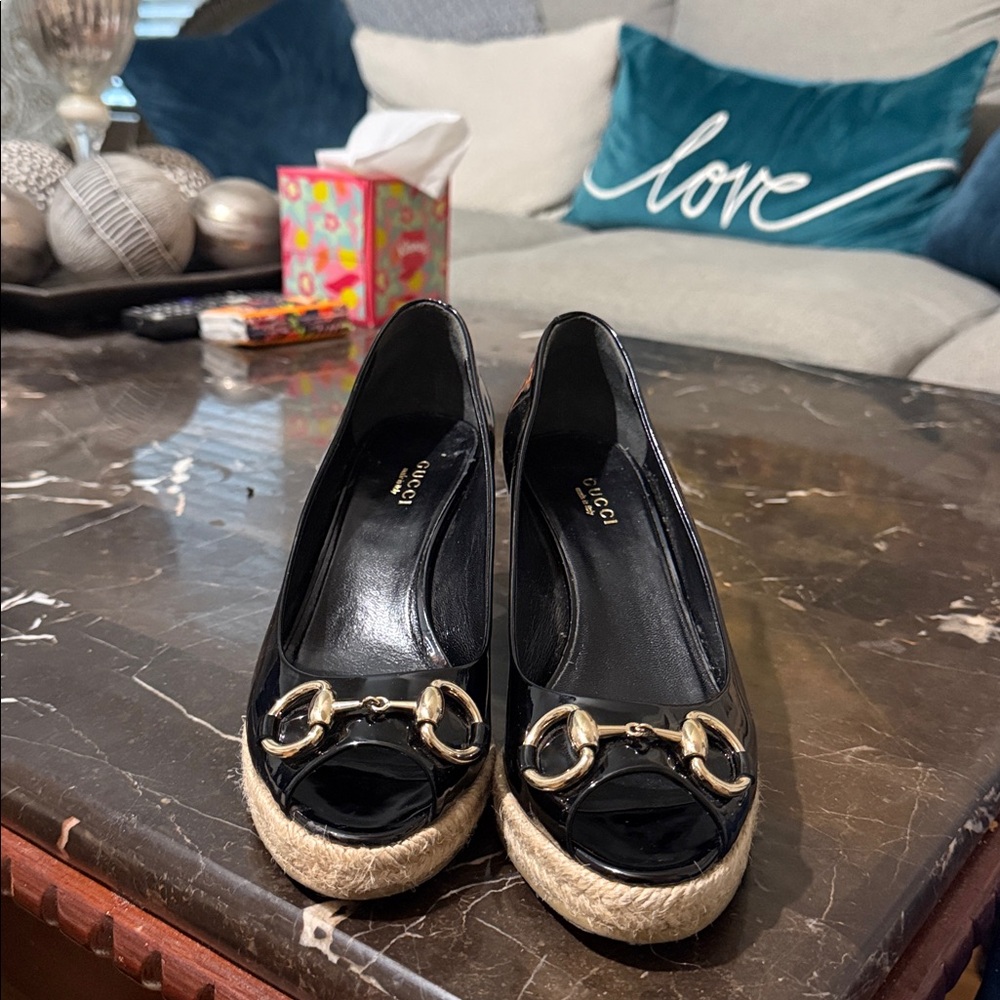 Gucci Black Patent Leather Espadrille Wedges - Picture 2 of 6